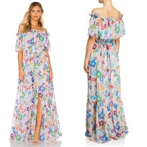 All Things Mochi  Kona off shoulder floral chiffon  maxi dress